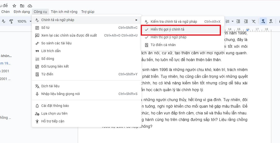 Kiểm tra lỗi chính tả trên Google Docs từng ký tự