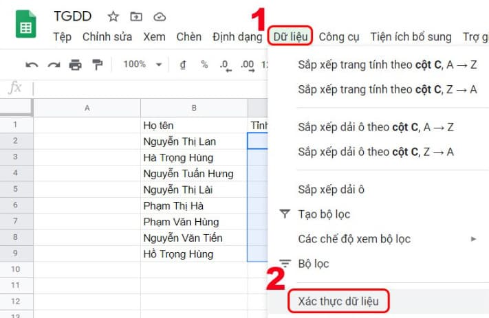 Nhấp chọn Xác thực dữ liệu