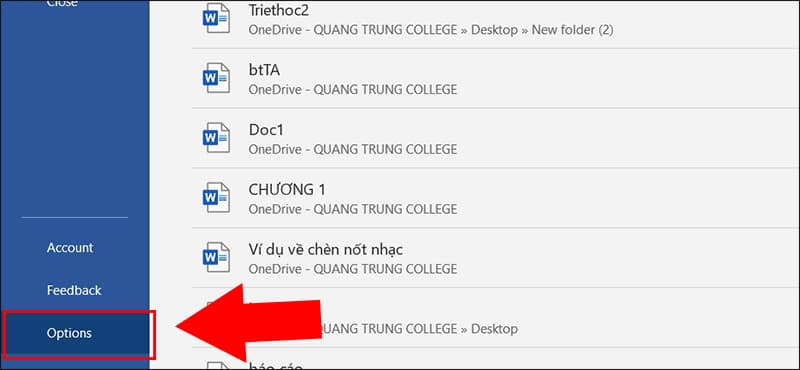 Chọn Options