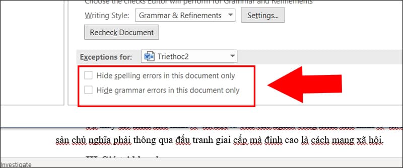 Boe chọn mục When correcting spelling and grammar in