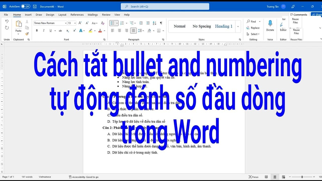 Bật mí các cách tắt Bullet and Numbering trong Word