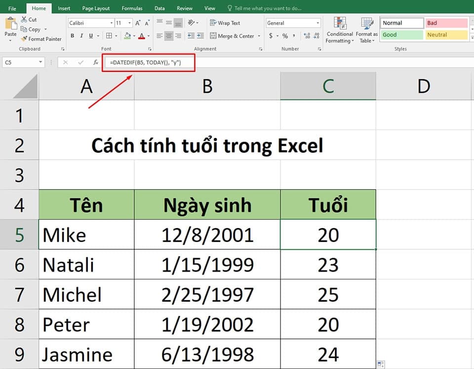 Cách tính tuổi trong Excel sử dụng công thức DATEDIF