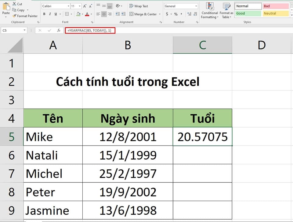 Tính tuổi trong Excel sử dụng công thức YEARFRAC